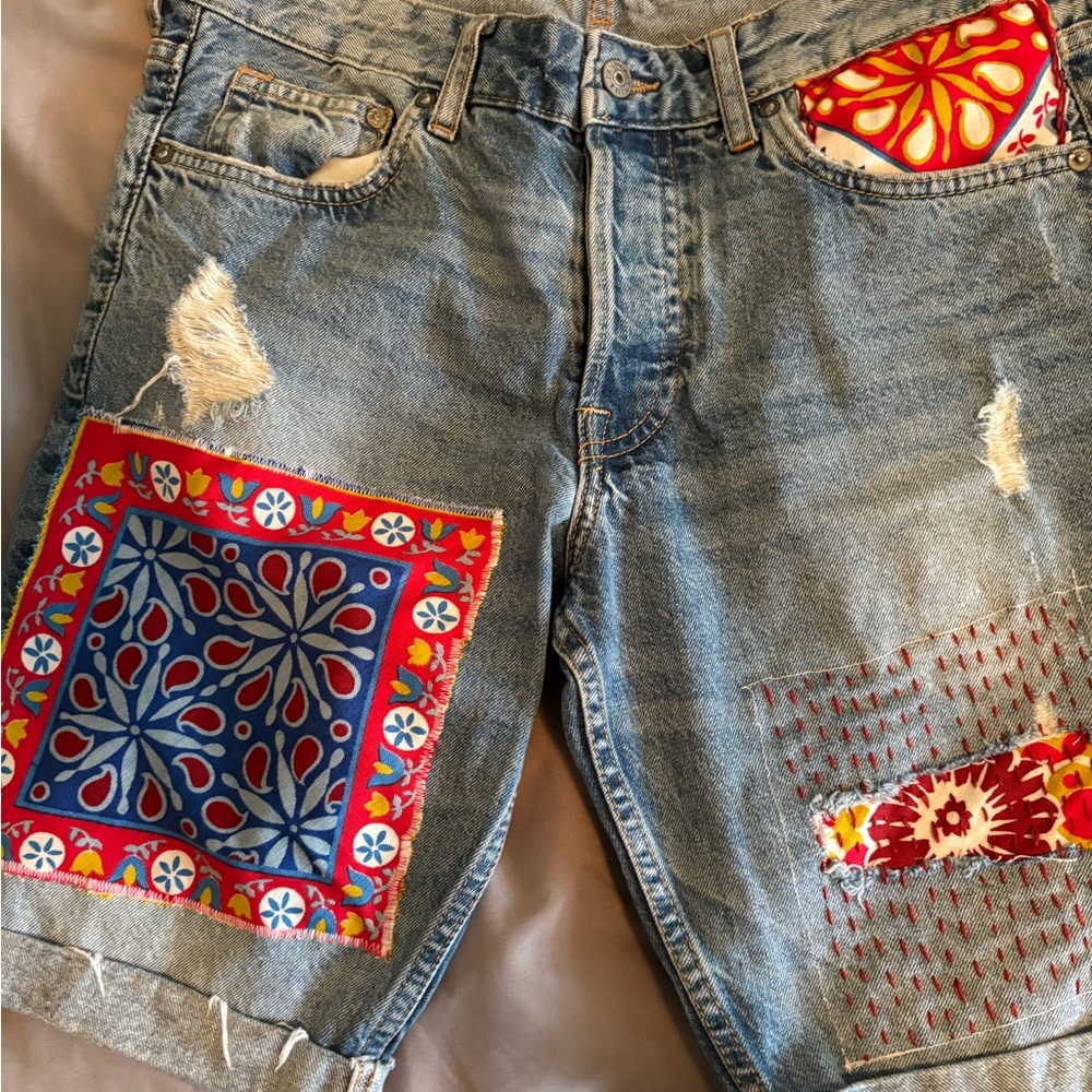 H&M Blue Denim Shorts with Red and Blue Hand-stitched Patches. One of a kind!